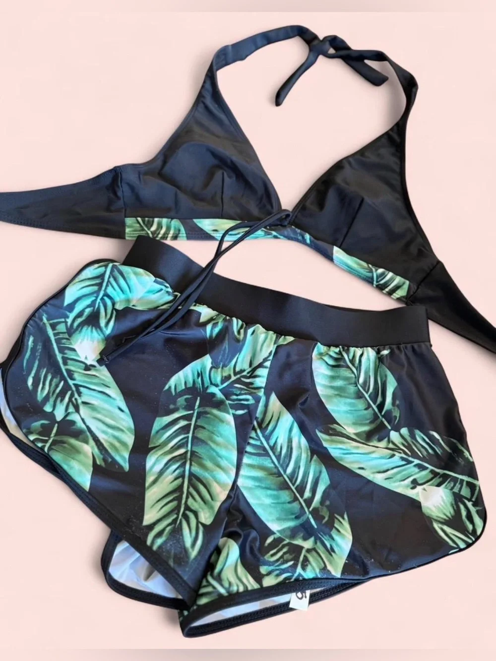Women’s Tropical Leaf Halter Bikini & Swim Shorts Set (Size: Small)